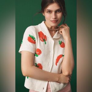 Maeve by Anthropologie Short-Sleeve Collared Tomato Cardigan Sweater
